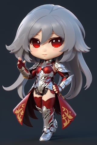 chibi, full body, (1girl, looking at viewer), white long hair, black metalic mechanical_armor, dynamic pose, delicate white filigree, intricate filigree, red metalic parts, intricate armor, detailed part, chibi style,3d style