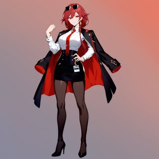 [[fu hua (phoenix)(honkai impact 3rd)]], nai3, 1girl, solo, artstyle,
1girl, solo, long hair, breasts, looking at viewer, bangs, skirt, large breasts, shirt, red eyes, standing, jacket, full body, white shirt, pantyhose, red hair, necktie, black skirt, black footwear, high heels, official alternate costume, coat, hand on hip, black pantyhose, sunglasses, eyewear on head, pencil skirt, high-waist skirt, black coat, jacket on shoulders, id card, coat on shoulders