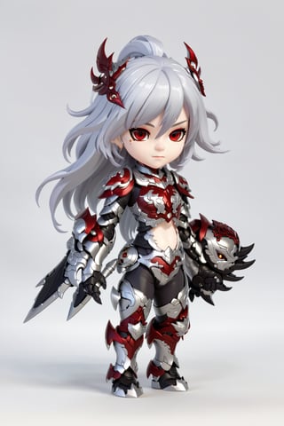 chibi, full body, (1girl, looking at viewer), white long hair, black metalic mechanical_armor, dynamic pose, delicate white filigree, intricate filigree, red metalic parts, intricate armor, detailed part, chibi style,3d style