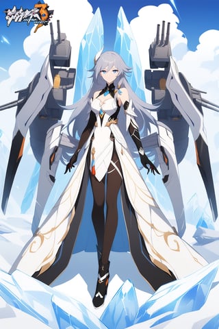 [[fu hua (phoenix)(honkai impact 3rd)]], nai3, 1girl, solo, artstyle,
1girl, solo, long hair, breasts, looking at viewer, blue eyes, large breasts, gloves, dress, bare shoulders, very long hair, full body, white hair, boots, detached sleeves, black gloves, black footwear, white dress, coat, copyright name, white headwear, ice, turret, long dress, rigging