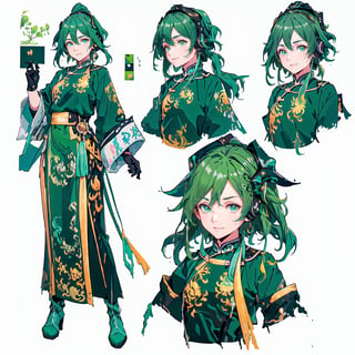 (CharacterSheet:1.2), 1 girl, solo, green eyes, ((((green hair:1.2)))) ,((green kongming suit)),headphones around neck,short hair, light smile,muscle_body, strong, fullbody black_bodysuit with green details,casual_wear, gloves, boots, pants, shirt, tecno_jacket, short-hair,,multiple views (full_body(front_view, back_view),uper_body(front_view, left_view, right_view)),(white background, simple background:1.2),(dynamic_pose:1.2),(masterpiece:1.2), (best quality, highest quality), (ultra detailed), (8k, 4k, intricate), (50mm), (highly detailed:1.2),(detailed face:1.2), detailed_eyes,(gradients),(ambient light:1.3),(cinematic composition:1.3),(HDR:1),Accent Lighting,extremely detailed,original, highres,(perfect_anatomy:1.2), perfect_face:1.2, detailed_anatomy, full_body,, , ,kongming suit,long skirt,sarashi,guanhelmet,senti,china dress with heart cutout,fu hua,chinese clothes