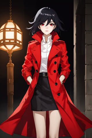 full body, (1girl, looking at viewer), a beautiful woman,(( wearing a red trench coat)),, key visual, vibrant, highly detailed, expressive, cinematic lighting, detailed eyes, cheerful, black hair,red eyes,fu hua