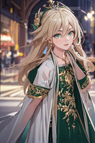 masterpiece, best quality, illustration, full body image, ornate and elaborate dress, platinum earrings, tiara, platinum necklace, white dress, 1girl, cute, (dynamic lighting:1.2), cinematic lighting, delicate facial features, detailed eyes, green eyes, long blonde hair, sharp pupils, realistic pupils, depth of field, bokeh, sharp focus, (hyper-detailed, bloom, glow:1.4), blonde hair, full lips, bright green eyes,fu hua,hanfu