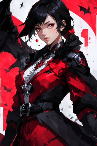 One female vampire, (dark red eyes), long black hair, bangs, hair_past_waist, perfect figure, ((red-colored apparel, often in the form of long, two-tailed coats)), bats flying in the background, dragon background 