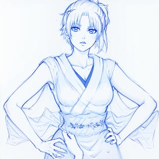 monochrome, short hair, japanese clothes, kimono, kagura \(gintama\), sketch, folded ponytail