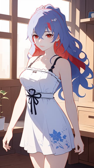 ultra high res,(extremely detailed:1.4),solo,((teen girl)),(red hair),(long and wavy hair:1.5),breasts,cowboy shot,perfect light,A-line sundress,fu hua