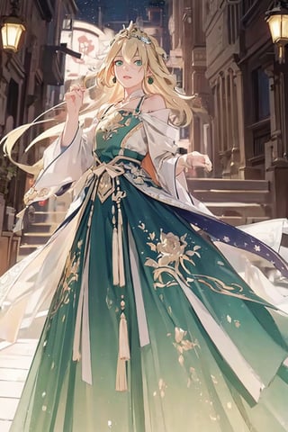 masterpiece, best quality, illustration, full body image, ornate and elaborate dress, platinum earrings, tiara, platinum necklace, white dress, 1girl, cute, (dynamic lighting:1.2), cinematic lighting, delicate facial features, detailed eyes, green eyes, long blonde hair, sharp pupils, realistic pupils, depth of field, bokeh, sharp focus, (hyper-detailed, bloom, glow:1.4), blonde hair, full lips, bright green eyes,fu hua,hanfu