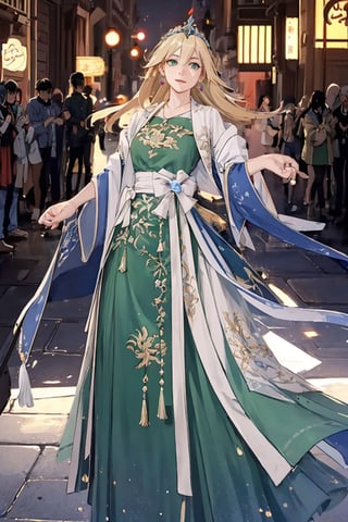 masterpiece, best quality, illustration, full body image, ornate and elaborate dress, platinum earrings, tiara, platinum necklace, white dress, 1girl, cute, (dynamic lighting:1.2), cinematic lighting, delicate facial features, detailed eyes, green eyes, long blonde hair, sharp pupils, realistic pupils, depth of field, bokeh, sharp focus, (hyper-detailed, bloom, glow:1.4), blonde hair, full lips, bright green eyes,fu hua,hanfu