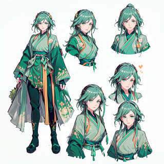 (CharacterSheet:1.2), 1 girl, solo, green eyes, ((((green hair:1.2)))) ,((green kongming suit)),headphones around neck,short hair, light smile,muscle_body, strong, fullbody black_bodysuit with green details,casual_wear, gloves, boots, pants, shirt, tecno_jacket, short-hair,,multiple views (full_body(front_view, back_view),uper_body(front_view, left_view, right_view)),(white background, simple background:1.2),(dynamic_pose:1.2),(masterpiece:1.2), (best quality, highest quality), (ultra detailed), (8k, 4k, intricate), (50mm), (highly detailed:1.2),(detailed face:1.2), detailed_eyes,(gradients),(ambient light:1.3),(cinematic composition:1.3),(HDR:1),Accent Lighting,extremely detailed,original, highres,(perfect_anatomy:1.2), perfect_face:1.2, detailed_anatomy, full_body,, , ,kongming suit,long skirt,sarashi,guanhelmet,senti,china dress with heart cutout,fu hua,chinese clothes,yifu,floral print,hanfu,chinese clothe,print robe,1girl