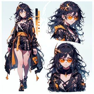 ((black_hair, yellow_eyes, hair_ornament)),((leather long coat)),(((wear sunglasses))),(full_body(front_view, back_view),uper_body(front_view, left_view, right_view)),(((white background, simple background:1.2))),(dynamic_pose:1.2),(CharacterSheet:1.2),senti, , 