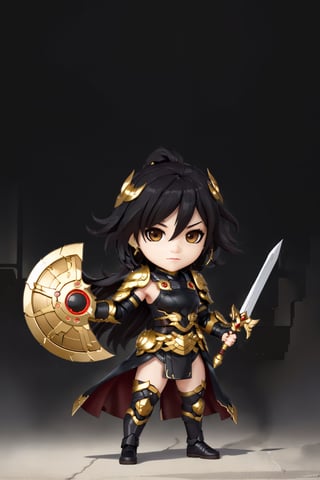 chibi, full body, (1girl, looking at viewer),   muscular mechanical body, ((brown eyes, black-hair)), black leather coat, holding chinese blade and Shield ,fu hua