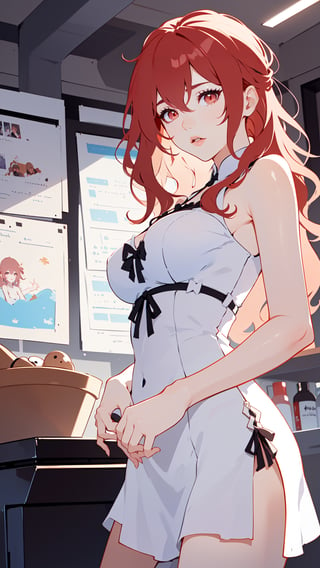 ultra high res,(extremely detailed:1.4),solo,((teen girl)),(red hair),(long and wavy hair:1.5),breasts,cowboy shot,perfect light,A-line sundress,fu hua