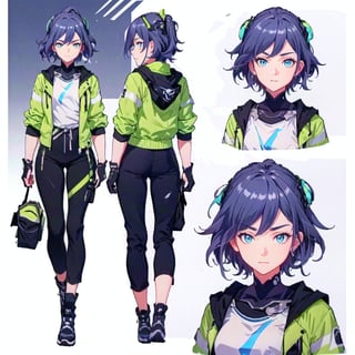 (CharacterSheet:1.2),1girl, muscle_body, strong, asian,30 years_old, fullbody black_bodysuit with green details,casual_wear, gloves, boots, pants, shirt, tecno_jacket, short-hair, blue_eyes, ,multiple views (full_body(front_view, back_view),uper_body(front_view, left_view, right_view)),(white background, simple background:1.2),(dynamic_pose:1.2),(masterpiece:1.2), (best quality, highest quality), (ultra detailed), (8k, 4k, intricate), (50mm), (highly detailed:1.2),(detailed face:1.2), detailed_eyes,(gradients),(ambient light:1.3),(cinematic composition:1.3),(HDR:1),Accent Lighting,extremely detailed,original, highres,(perfect_anatomy:1.2),  perfect_face:1.2, detailed_anatomy, full_body,fu hua