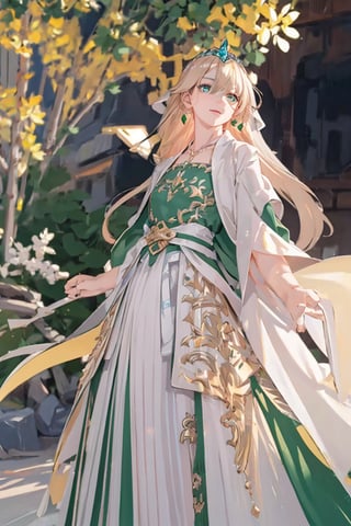 masterpiece, best quality, illustration, full body image, ornate and elaborate dress, platinum earrings, tiara, platinum necklace, white dress, 1girl, cute, (dynamic lighting:1.2), cinematic lighting, delicate facial features, detailed eyes, green eyes, long blonde hair, sharp pupils, realistic pupils, depth of field, bokeh, sharp focus, (hyper-detailed, bloom, glow:1.4), blonde hair, full lips, bright green eyes,fu hua,hanfu