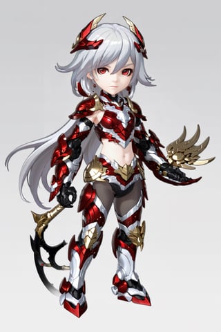 chibi, full body, (1girl, looking at viewer), white long hair, black metalic mechanical_armor, dynamic pose, delicate white filigree, intricate filigree, red metalic parts, intricate armor, detailed part, chibi style,3d style