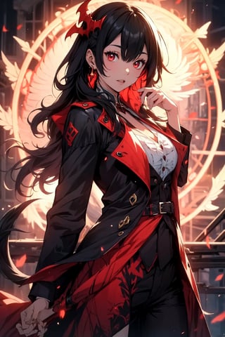 One female vampire, (dark red eyes), long black hair, bangs, hair_past_waist, perfect figure, ((red-colored apparel, often in the form of long, two-tailed coats)), bats flying in the background, dragon background 