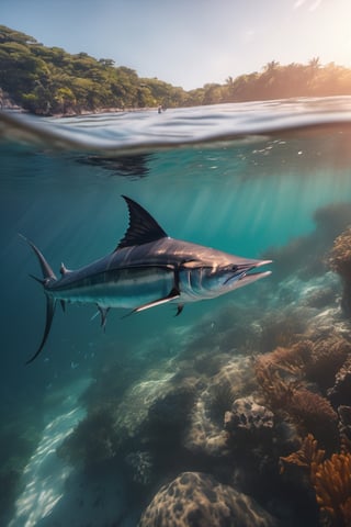 RAW natural photo Of fishing marlin, only one light cenital chimera, day advertising shooting, realistic photograph, sharp focus, depth of field, shoot, ,side shot, side shot, ultrahd, realistic, vivid colors, highly detailed, perfect composition, 8k, photorealistic concept art, soft natural volumetric cinematic perfect light,booth,food focus, UP THE CAMERA
