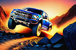 Ford raptor big jumping in rocks, high detail ford raptor dark blue, natural photography, dramatic light, advertising shooting, 4k, high resolution, realistic photography, 13hs, sharpen more, truck lights are turn on, perfect details of the truck, aereal shoot, 120 mph, alpha channel, more landscape, zoom out, sunset, saturated colors