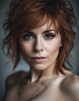 A close up portrait of 32 y.o Quebecoise woman looking at camera, slim body, (Mylène Farmer:0.99), dark theme, soothing tones, muted colors, high contrast, (natural skin texture, hyperrealism, soft light, sharp), (((perfect face))), Cannon EOS 5D Mark III, 85mm,  TOAL NUDE, FULL BODY

