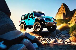 jeep rubicon big jumping in rocks, high detail ford raptor dark blue, natural photography, dramatic light, advertising shooting, 4k, high resolution, realistic photography, 13hs, sharpen more, truck lights are turn on, perfect details of the truck, aereal shoot, 120 mph, alpha channel, more landscape, zoom out, sunset, 
,Origami 