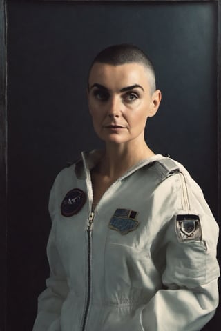 photo of sinead o'connor with astronaut suitcase, rule of thirds, dramatic lighting, medium hair, detailed face, detailed nose, woman naked, soft freckles, smirk, intricate background,realism,realistic,raw,analog,woman,portrait,photorealistic,analog,realism, front light medium power. 8k, mohicano haircut