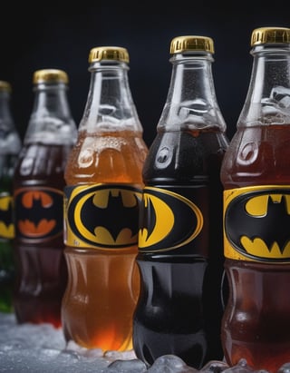 cola drink bottles batman brand on the ice , hd, 8k, masterpiece, one light, soja, cenital camera, nikon d800, raw, hiperrealism, medium format sensor camera, super prime cinema lens, (((((100mm lens))))), (((filtered light))) black background


