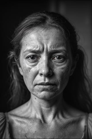 
portrait of a woman thousands of small flies flying around her, with a very suffering face, her wind is dirty broken from the 17th century, crying, in a grey room
, hd, 8k, masterpiece, one light, realistic photography, hasselblad, raw, hiperrealism, medium format sensor camera, super prime cinema lens, (((filtered light))) , concret background, 