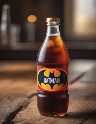 cola drink bottle batman brand, ice, resting on a wooden table , hd, 8k, masterpiece, one light, soja, cenital camera, nikon d800, raw, hiperrealism, medium format sensor camera, super prime cinema lens, (((((100mm lens))))), (((filtered light)))

