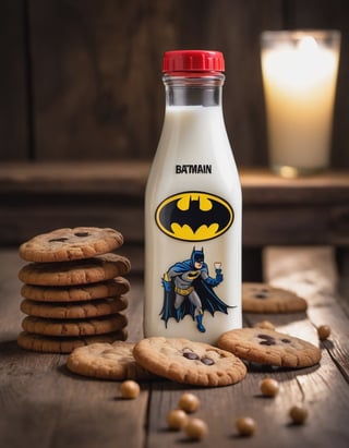 milk bottle batman brand, they have some water, resting on a wooden table we can see the betas of the wood, two cookies, hd, 8k, masterpiece, one light, chickpeas, cenital camera, nikon d800, raw

