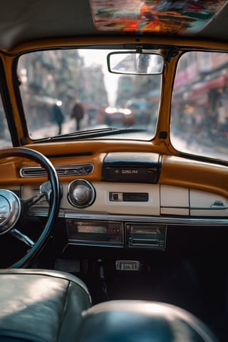 RAW natural photo Of photo shot inside a taxi, the camera is in the back seat looking forward, the turkish taxi driver is looking back, only one light cenital chimera, day advertising shooting, realistic photograph, sharp focus, depth of field, shoot, ,side shot, side shot, ultrahd, realistic, vivid colors, highly detailed, perfect composition, 8k, photorealistic concept art, soft natural volumetric cinematic perfect light,booth,food focus, UP THE CAMERA
