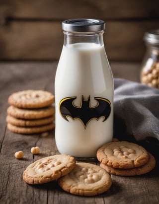 milk bottle batman brand, resting on a wooden table we can see the betas of the wood, two cookies, hd, 8k, masterpiece, one light, chickpeas, cenital camera, nikon d800, raw

