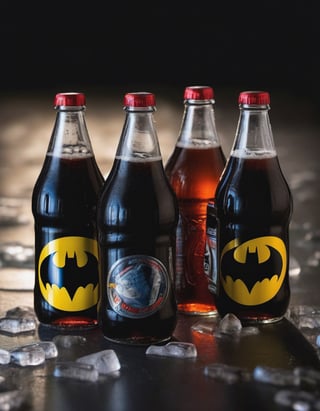 cola soda bottles batman brand on the ice , hd, 8k, masterpiece, one light, soja, cenital camera, nikon d800, raw, hiperrealism, medium format sensor camera, super prime cinema lens, (((((100mm lens))))), (((filtered light))) black background, marvel_comics, mirror floor


