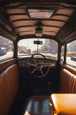 RAW natural photo Of photo shot inside a taxi, the camera is in the back seat looking forward, the turkish taxi driver is looking back, only one light cenital chimera, day advertising shooting, realistic photograph, sharp focus, depth of field, shoot, ,side shot, side shot, ultrahd, realistic, vivid colors, highly detailed, perfect composition, 8k, photorealistic concept art, soft natural volumetric cinematic perfect light,booth,food focus, UP THE CAMERA
