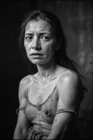 
portrait of a woman thousands of small flies flying around her, with a very suffering face, her wind is dirty broken from the 17th century, crying, in a grey room
, hd, 8k, masterpiece, one light, realistic photography, hasselblad, raw, hiperrealism, medium format sensor camera, super prime cinema lens, (((filtered light))) , concret background, 