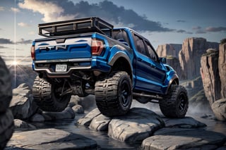 3 ford raptor big jumping in rocks, high detail ford raptor dark blue, natural photography, dramatic light, advertising shooting, 4k, high resolution, realistic photography, 13hs, sharpen more, truck lights are turn on, perfect details of the car, aereal shoot, 120 mph, alpha channel, more landscape, zoom out, sunset, saturated colors
