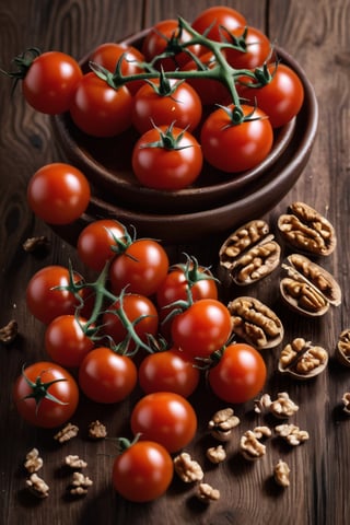  tomatoes on a brown table, walnuts, raw, 4k, masterpiece, realistic photography, freshness, coolness
