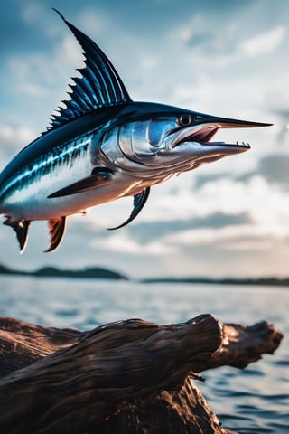 RAW natural photo Of fishing marlin, only one light cenital chimera, day advertising shooting, realistic photograph, sharp focus, depth of field, shoot, ,side shot, side shot, ultrahd, realistic, vivid colors, highly detailed, perfect composition, 8k, photorealistic concept art, soft natural volumetric cinematic perfect light,booth,food focus, UP THE CAMERA
