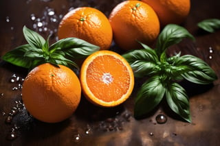 oranges
 on a brown table, some basil, raw, 4k, masterpiece, realistic photography, freshness, coolness, foodstyling, perfect fruits, fresh water transpiration, all wet with water
