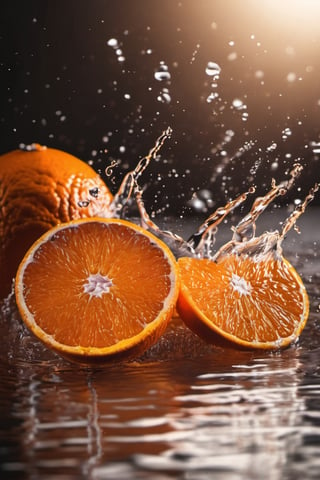 some juicy oranges brown table, raw, 4k, masterpiece, realistic photography, freshness, coolness, foodstyling, perfect fruits, fresh water transpiration, all wet with water, (((splash)))
 of orange juice