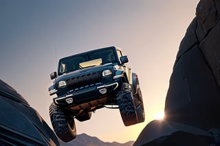 jeep wrangler big jumping in rocks, high detail ford raptor dark blue, natural photography, dramatic light, advertising shooting, 4k, high resolution, realistic photography, 13hs, sharpen more, truck lights are turn on, perfect details of the truck, aereal shoot, 120 mph, alpha channel, more landscape, zoom out, sunset,