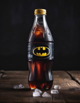 cola drink bottle batman brand, ice, resting on a wooden table , hd, 8k, masterpiece, one light, soja, cenital camera, nikon d800, raw, hiperrealism, medium format sensor camera, super prime cinema lens, (((((100mm lens))))), (((filtered light))) black background


