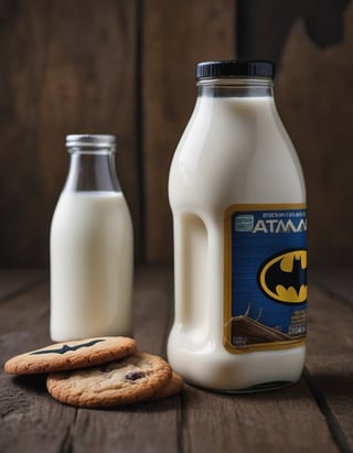 milk galon bottle batman brand, resting on a wooden table we can see the betas of the wood, two cookies, hd, 8k, masterpiece, one light, soja, cenital camera, nikon d800, raw, hiperrealism, medium format lens, super prime cinema lens, 100mm lens

