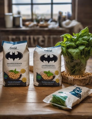 batman, they have some water, resting on a wooden table we can see the betas of the wood, two packages of basil, hd, 8k, masterpiece, one light, chickpeas, cenital camera, nikon d800, raw

