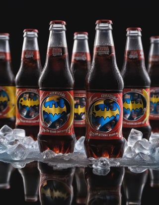 cola soda bottles batman brand on the ice , hd, 8k, masterpiece, one light, soja, cenital camera, nikon d800, raw, hiperrealism, medium format sensor camera, super prime cinema lens, (((((100mm lens))))), (((filtered light))) black background, marvel_comics, mirror floor


