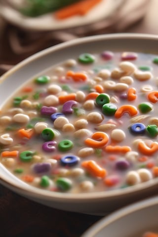 RAW natural photo Of alphabet soup, only one light cenital chimera, day advertising shooting, realistic photograph, sharp focus, depth of field, shoot, ,side shot, side shot, ultrahd, realistic, vivid colors, highly detailed, perfect composition, 8k, photorealistic concept art, soft natural volumetric cinematic perfect light,booth,food focus, UP THE CAMERA
