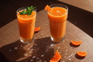 some robles on a brown table, raw, 4k, masterpiece, realistic photography, freshness, coolness, foodstyling, perfect fruits, fresh water transpiration, all wet with water, (((splash)))
 of orange juice