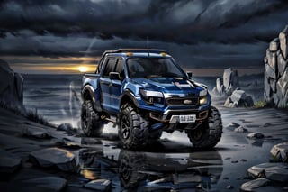 3 ford raptor big jumping in rocks, high detail ford raptor dark blue, natural photography, dramatic light, advertising shooting, 4k, high resolution, realistic photography, 13hs, sharpen more, truck lights are turn on, perfect details of the car, aereal shoot, 120 mph, alpha channel, more landscape, zoom out, sunset, saturated colors
,shodanSS_soul3142