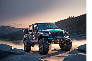 jeep wrangler big jumping in rocks, high detail ford raptor dark blue, natural photography, dramatic light, advertising shooting, 4k, high resolution, realistic photography, 13hs, sharpen more, truck lights are turn on, perfect details of the truck, aereal shoot, 120 mph, alpha channel, more landscape, zoom out, sunset, 