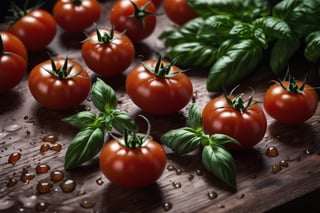  tomatoes on a brown table, some basil, raw, 4k, masterpiece, realistic photography, freshness, coolness, foodstyling, perfect fruits, fresh water transpiration, all wet with water
