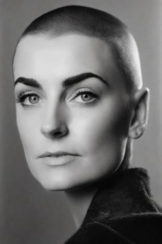 photo of sinead o'connor, rule of thirds, dramatic lighting, medium hair, detailed face, detailed nose, woman naked, soft freckles, smirk, intricate background,realism,realistic,raw,analog,woman,portrait,photorealistic,analog,realism, front light medium power. 8k, mohicano haircut